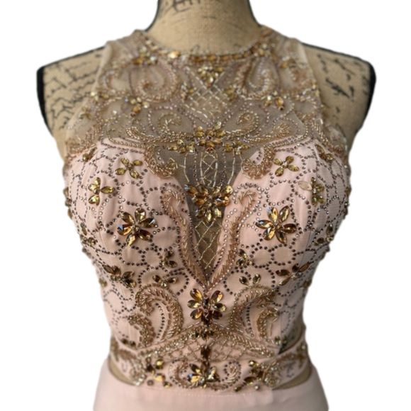 Camille LA VIE Beaded Bodice Gown Blush Pink with Waist & Back Cutouts Size 2 - Picture 5 of 16